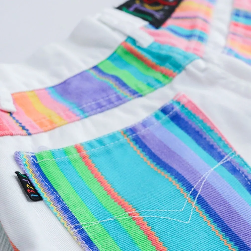 Vintage‎ 90s Steel Jeans Denim Shorts Womens 7 White Rainbow Stripe Fringe USA